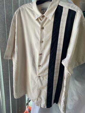 BAMBOO Men's Cream Short-Sleeve Button-Up with Black Vertical Stripes